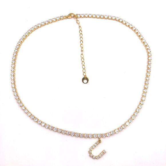 Gold Cubic Zirconia Initial U Choker Necklace - Picture 1 of 4